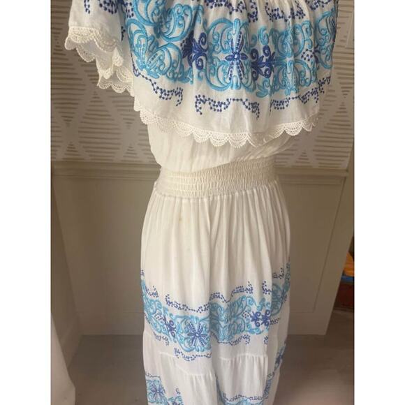 Nightcap Large White Greek Isle Embroidered Off Shoulder Flowy Maxi Dress - Picture 7 of 10